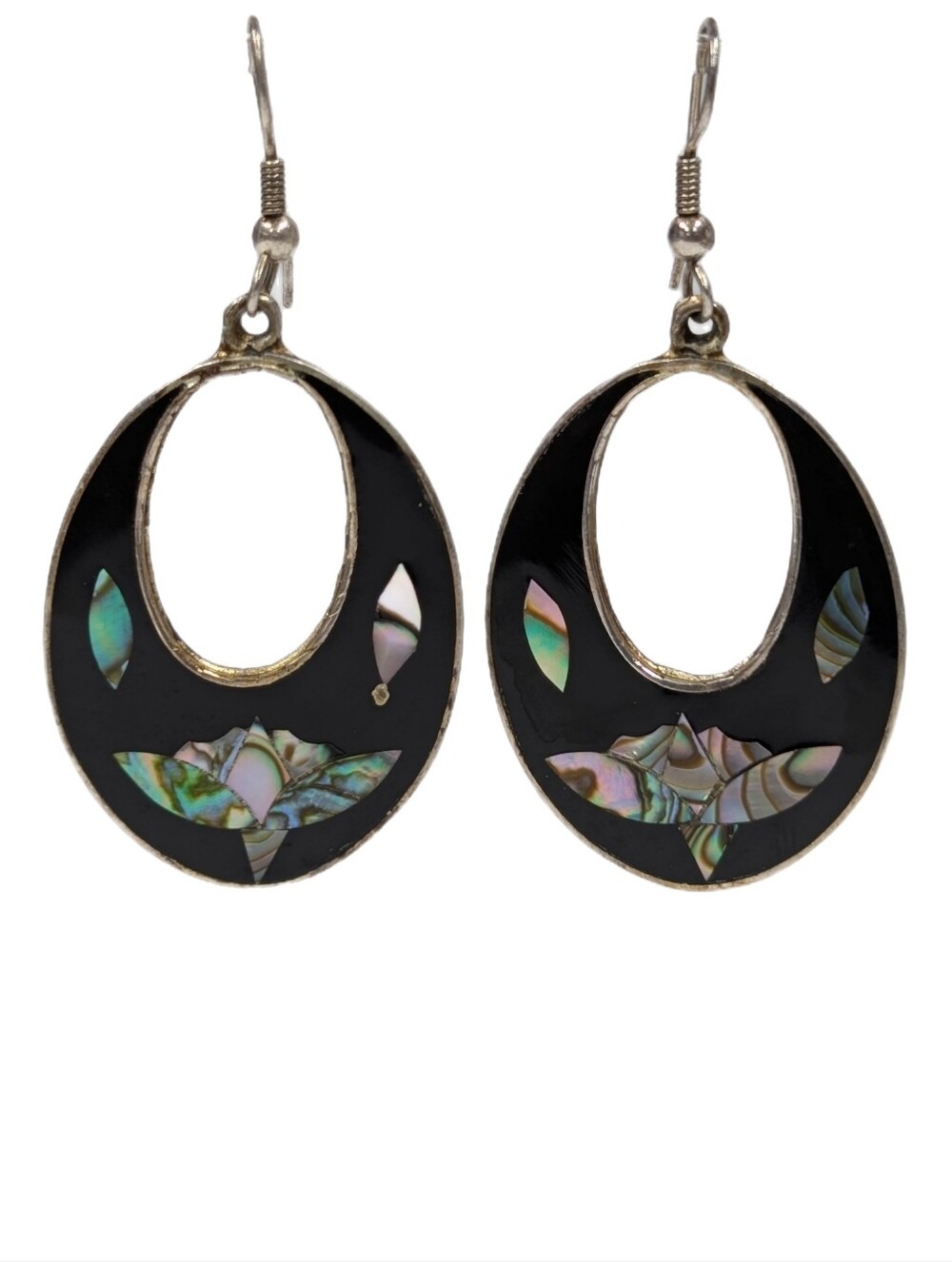 Vintage Alpaca Mexico Floral Drop Earrings Mother Of Pearl Abalone